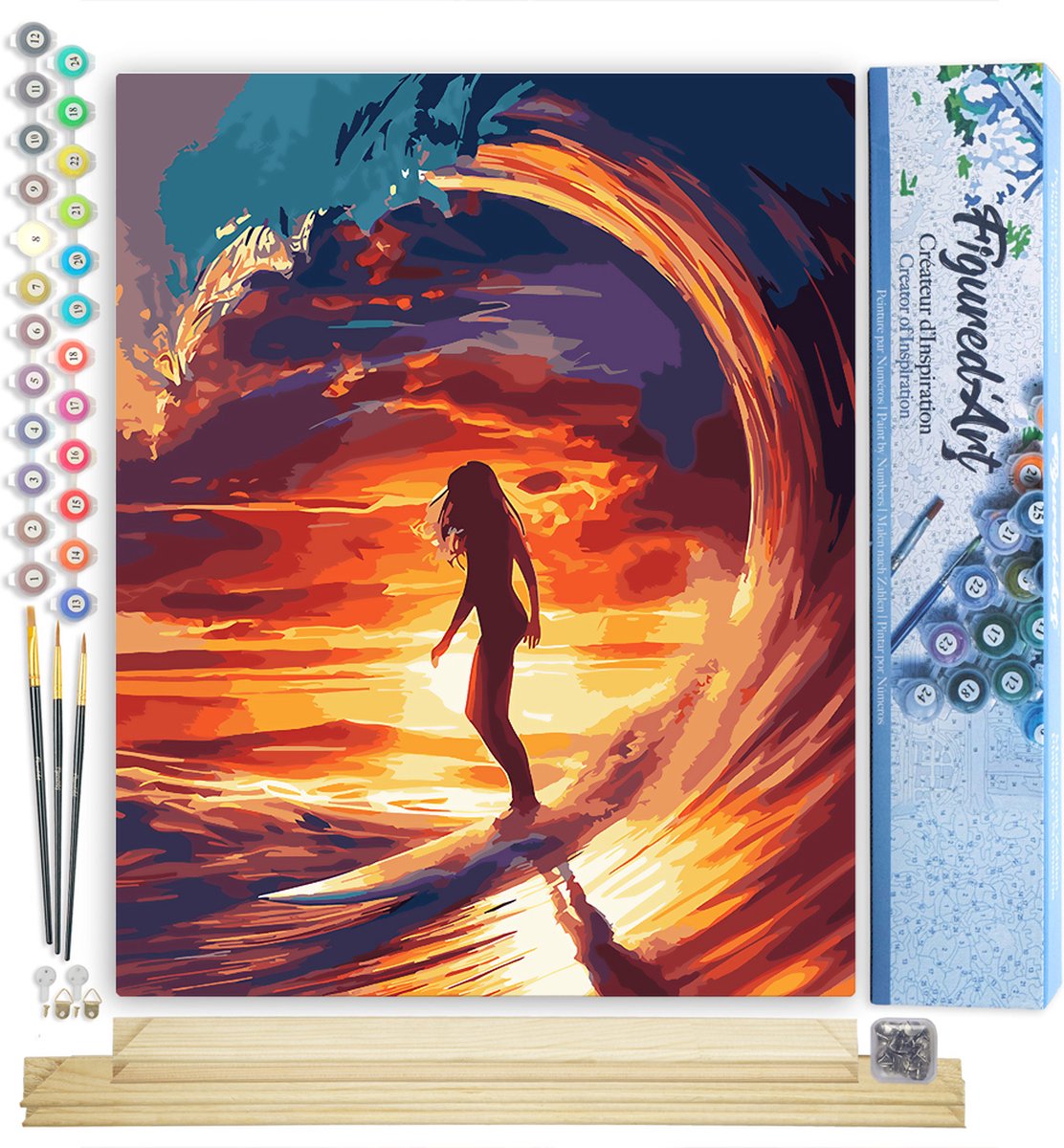 FiguredArt Schilderen op Nummer Volwassenen canvas Surfer meisje en de grote golf- Handwerk acrylverf Kit DIY Compleet - 40x50cm met DIY houten lijst